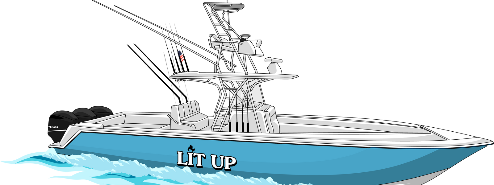 Custom boat decal "Lit Up" displayed on the side of a boat, showcasing bold lettering and personalized design.