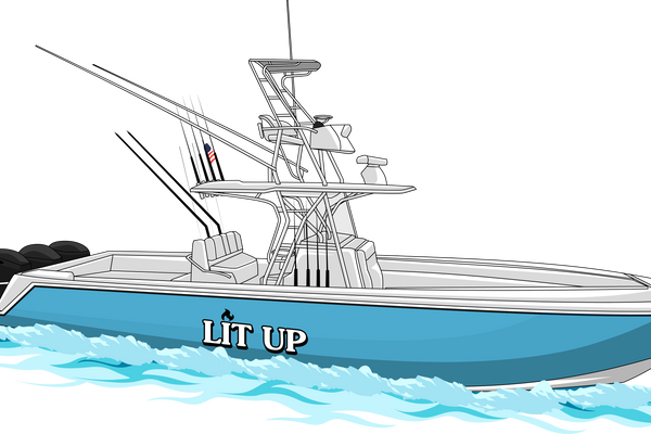 Custom boat decal "Lit Up" displayed on the side of a boat, showcasing bold lettering and personalized design.